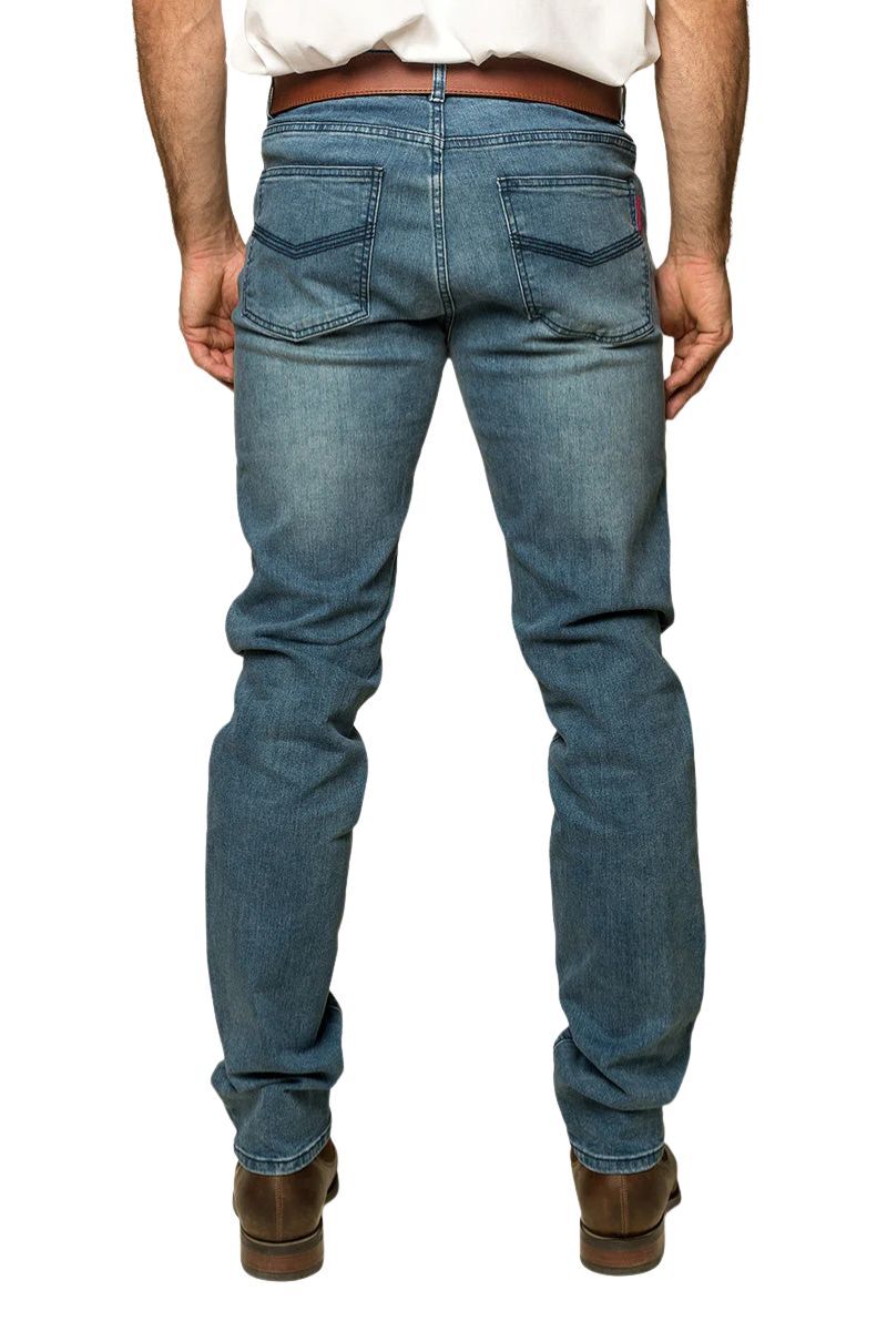 Ringers Western - Burke Mens Tapered Slim Leg Jeans- Light Blue, back view showing tapered slim leg design.