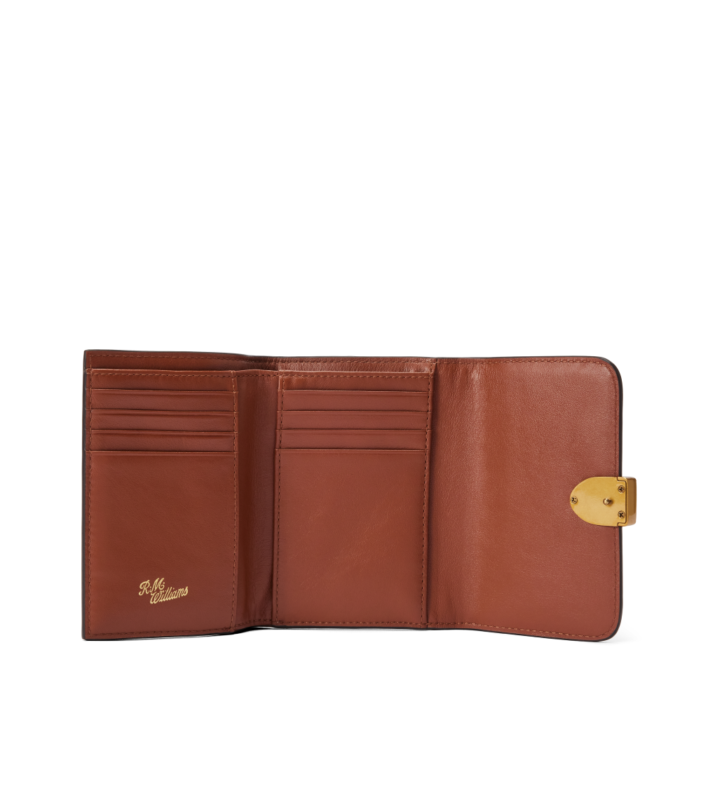 R.M.Williams - Eden Stitched Mini Wallet - Tan interior with card slots and press-stud closure.