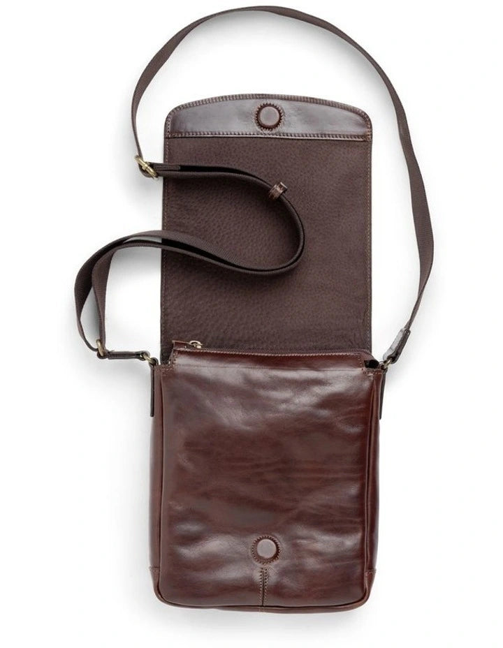 Rodd & Gunn - Cambridge Mini Messenger Bag - Chocolate, showcasing rich leather and adjustable strap.