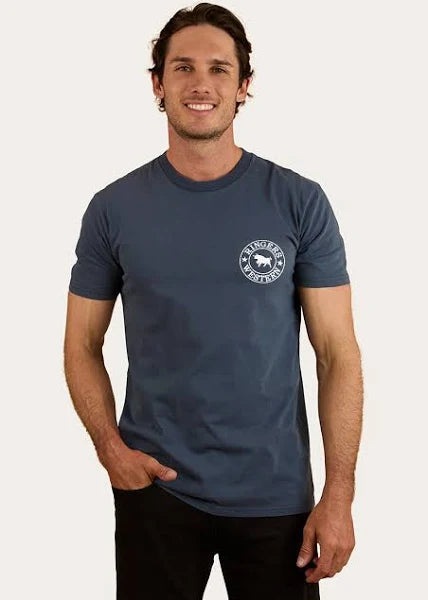 Ringers Western - Chasin Tail Stock Fit T-Shirt - Washed Navy worn by a model showcasing its soft fabric and classic style.