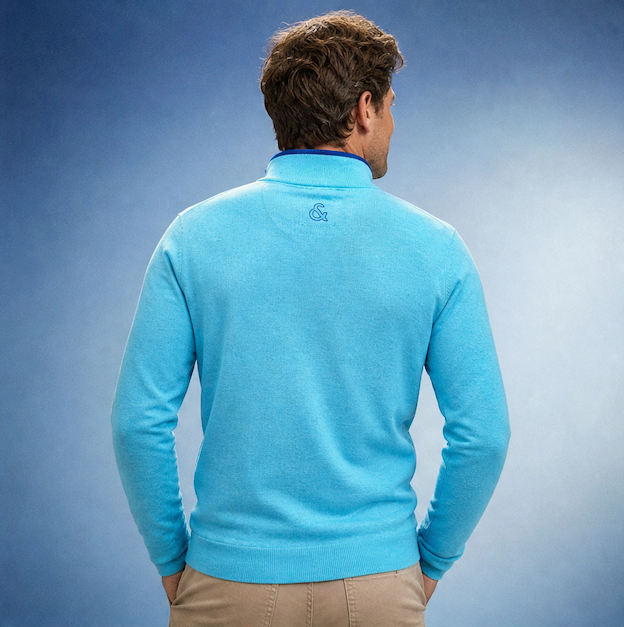 Colour & Sons - Cotton Zip Neck Sweater - Ocean
