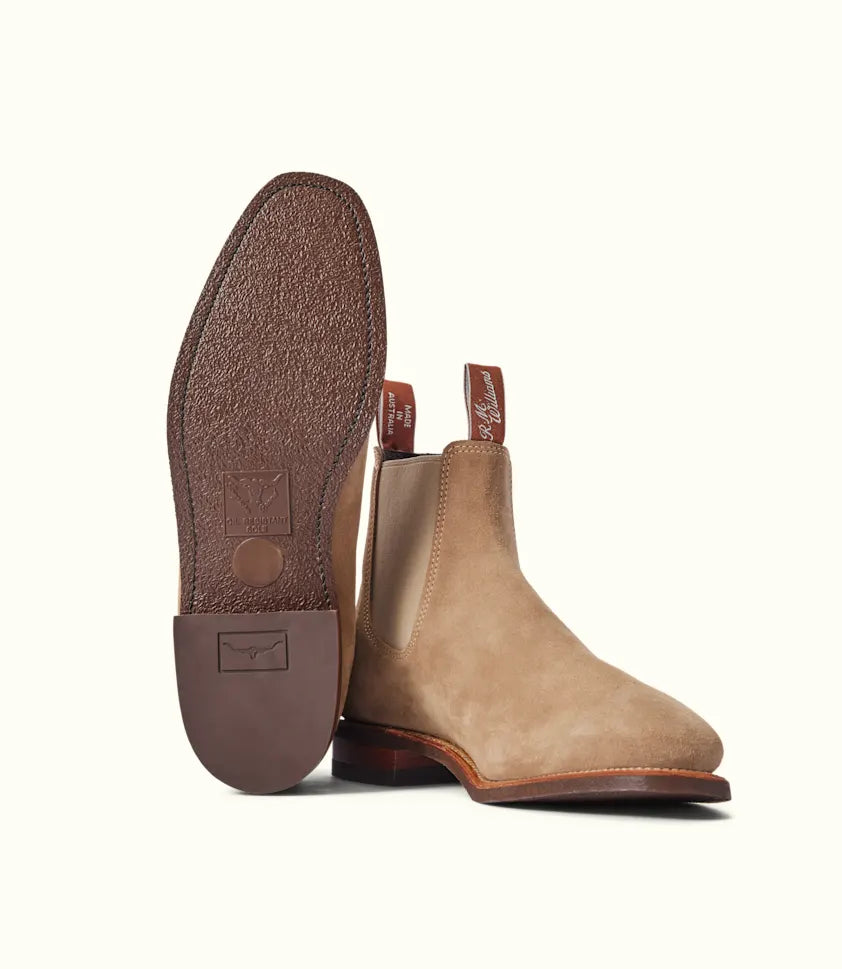 R.M.Williams - Comfort Craftsman - Suede - Raw Edge - Wood Ash - H Fit showing suede Chelsea boot and rubber sole.