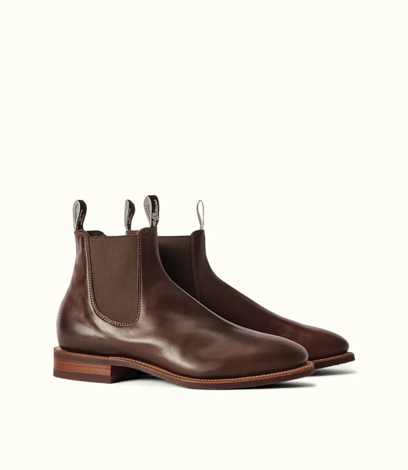 Side view of R.M.Williams walnut leather Chelsea boots with elastic side panel.