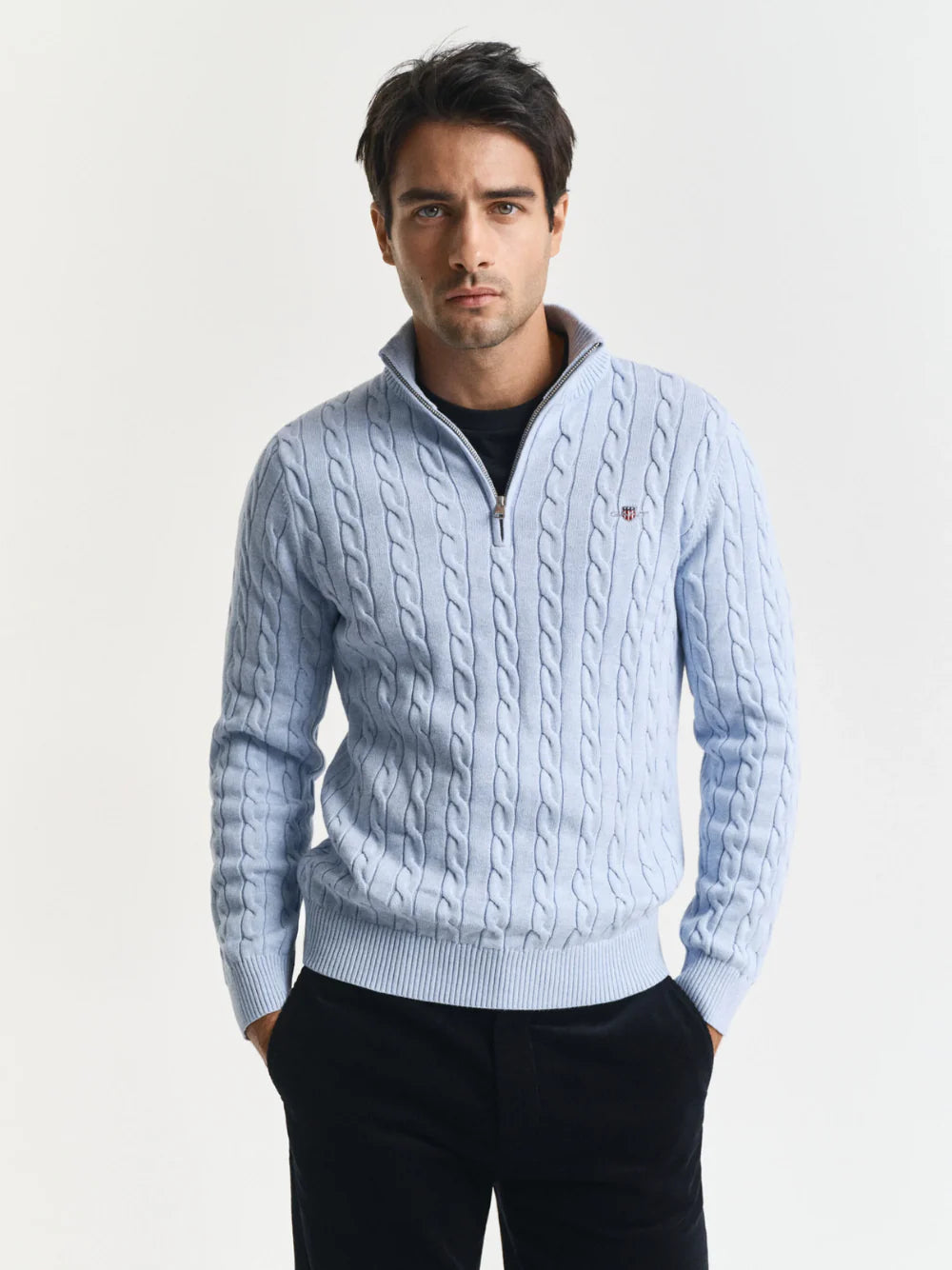 GANT Cotton Cable Knit Half Zip Jumper Ice Blue Melange | Blowes