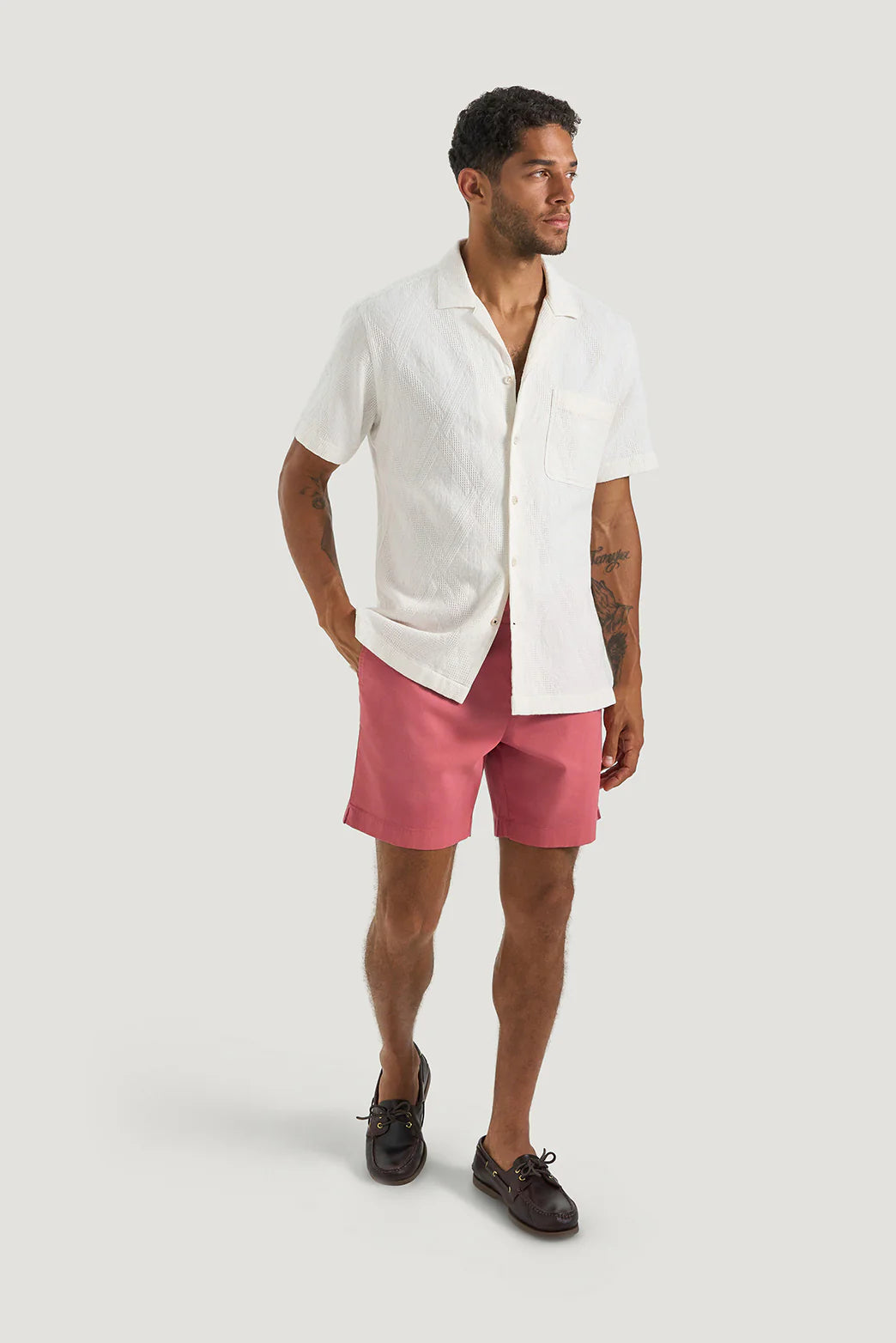 M.J. Bale - Farrelly Side Tab Short- Red worn by a model with a white shirt and brown shoes.