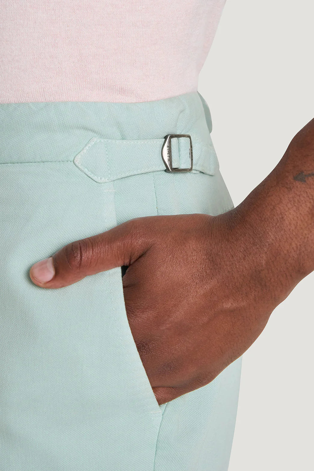 M.J. Bale - Farrelly Side Tab Short- Aqua showcasing the side tab and pocket details, perfect for a stylish look.