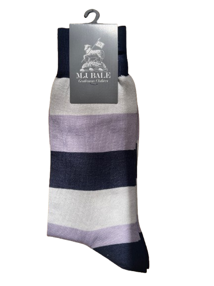 M.J. Bale - Filardi Sock - Stripe - Lilac Grey Navy - Medium showcased with branding label.