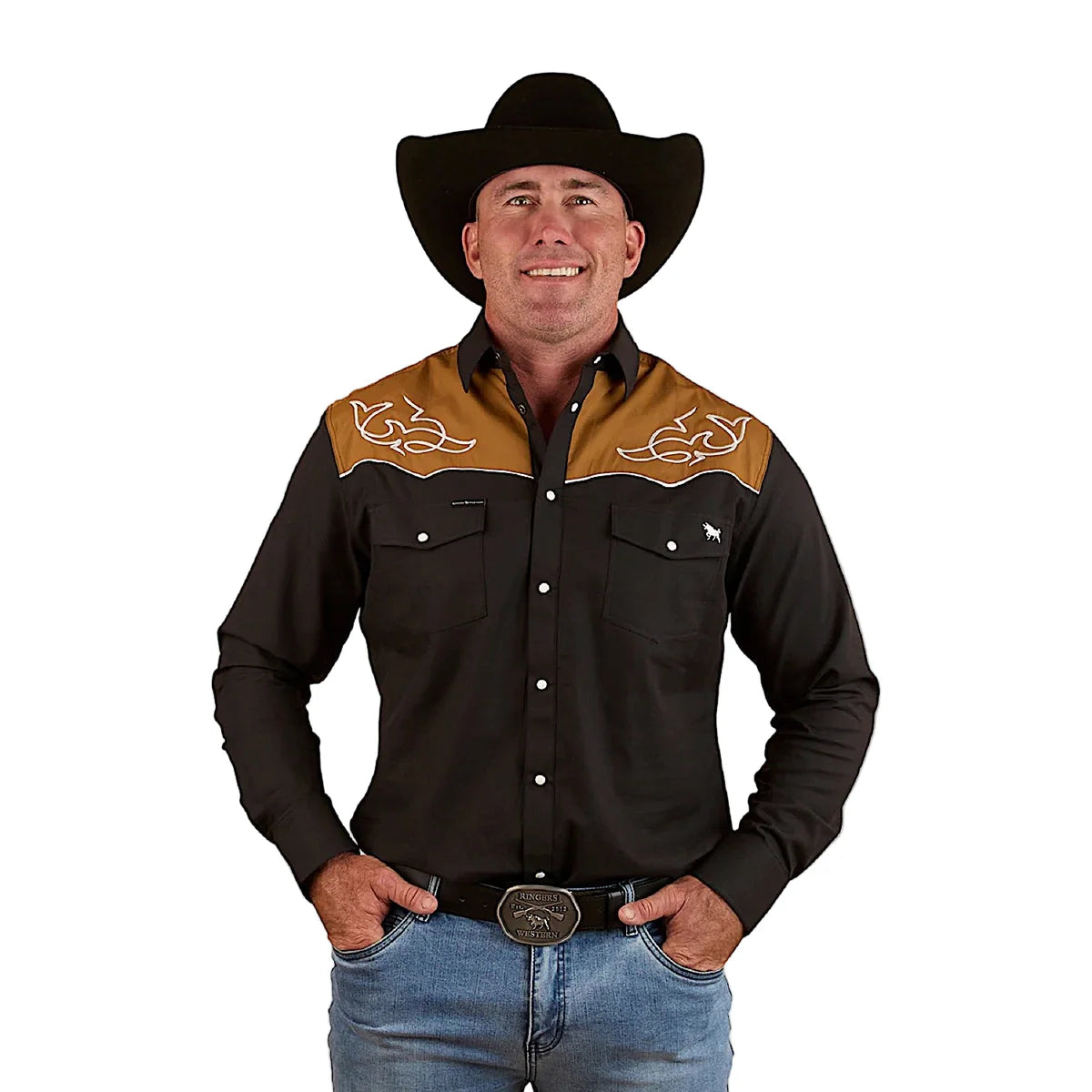 Ringers Western - Franklin Western Shirt - Charcoal worn by a man with a cowboy hat showcasing western style details.