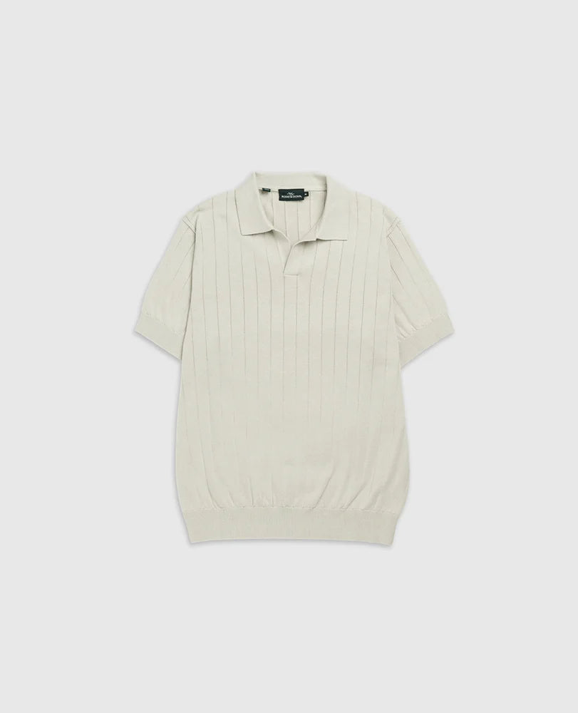 Rodd & Gunn - Freys Crescent Knit Polo - Stone, lightweight knit polo with jacquard stripe and ribbed collar.