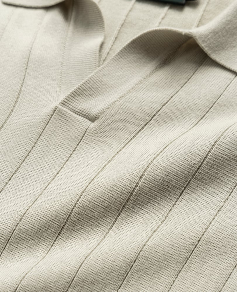 Rodd & Gunn - Freys Crescent Knit Polo - Stone fabric detail showing subtle jacquard stripe and ribbed collar.