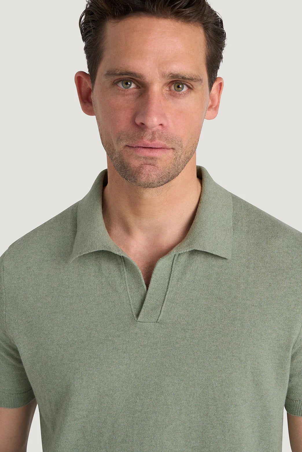 M.J. Bale - Furlong Polo - Cotton/Cashmere Blend - Vintage Sage Melange worn by a male model.