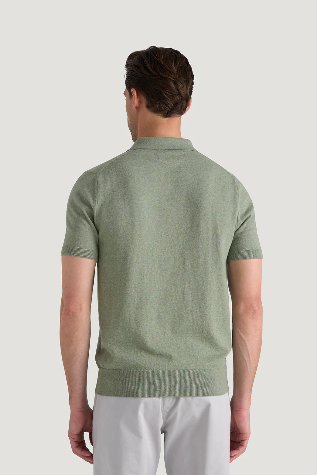 M.J. Bale - Furlong Polo - Cotton/Cashmere Blend - Vintage Sage Melange back view, showcasing its relaxed fit and soft fabric.