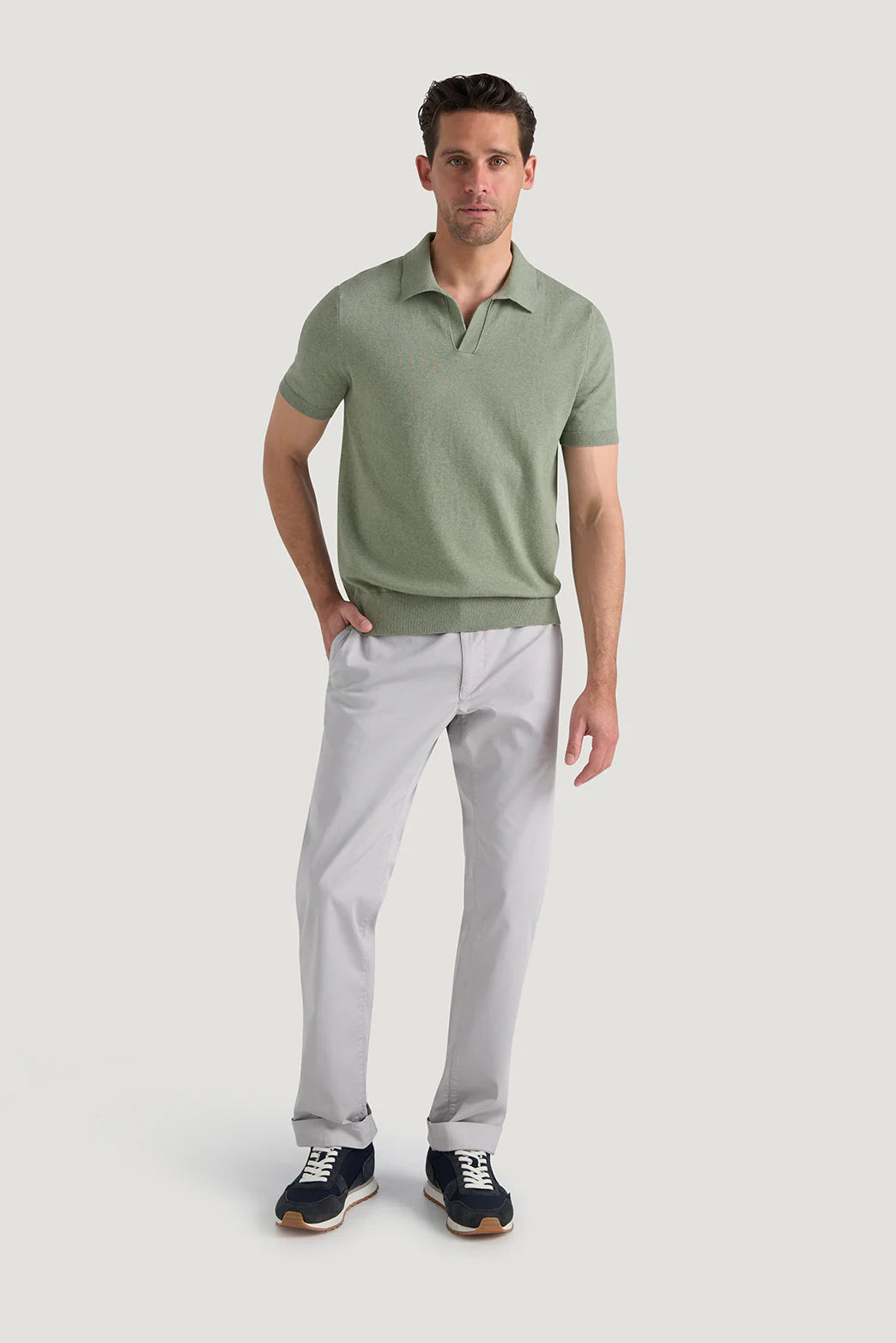 M.J. Bale - Furlong Polo - Cotton/Cashmere Blend - Vintage Sage Melange worn with light chinos and casual shoes.