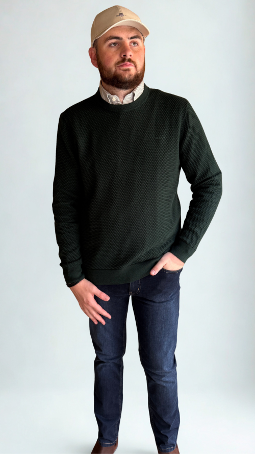 GANT - Textured Cotton Merino Crew Neck Jumper - Tartan Green