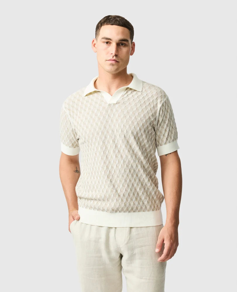 Rodd & Gunn - Galdfield Knit Polo - Cream, featuring a geometric stitch design and clean collar, perfect for summer style.