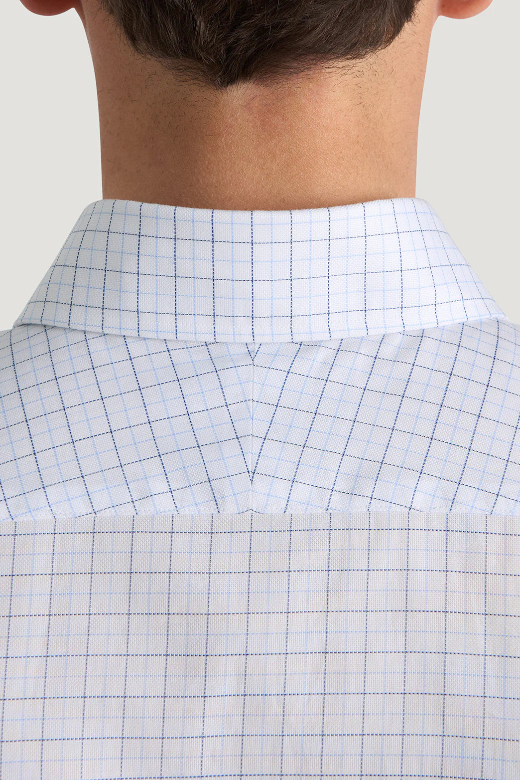M.J. Bale - Garrett Oxford Shirt - Check - Sky/Navy - MULTIBUY showing the collar and back design with grid check pattern.