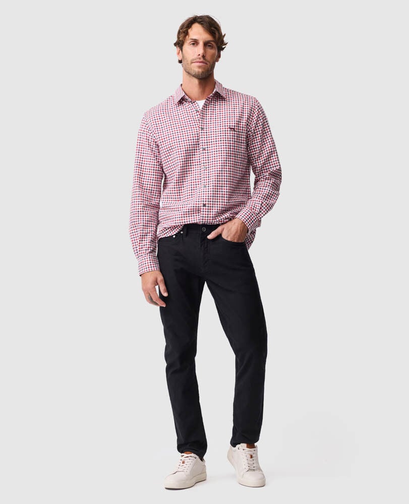 Rodd & Gunn - Gebbies Valley Linen Shirt - Check - Berry worn by a model, paired with dark pants for a stylish look.