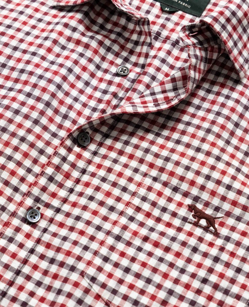 Rodd & Gunn - Gebbies Valley Linen Shirt - Check - Berry featuring a three-tone gingham pattern in cherry, white, and navy.