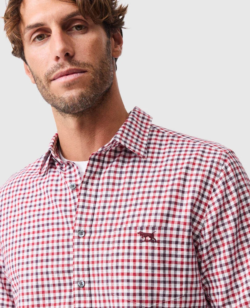 Rodd & Gunn - Gebbies Valley Linen Shirt - Check - Berry modeled by a man, featuring a red and white gingham pattern.