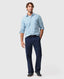 Rodd & Gunn - Gebbies Valley Linen Shirt - Check - Lagoon, worn by a model with navy pants, showcasing its stylish look.