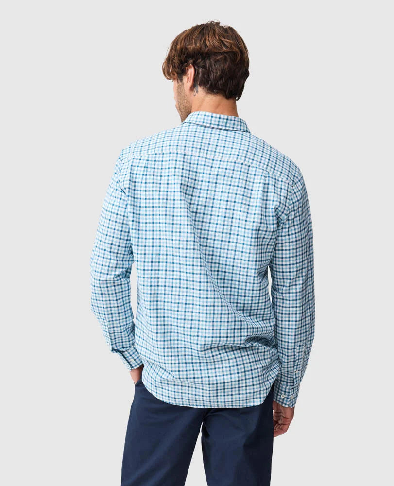 Rodd & Gunn - Gebbies Valley Linen Shirt - Check - Lagoon worn from the back, showcasing the check pattern design.
