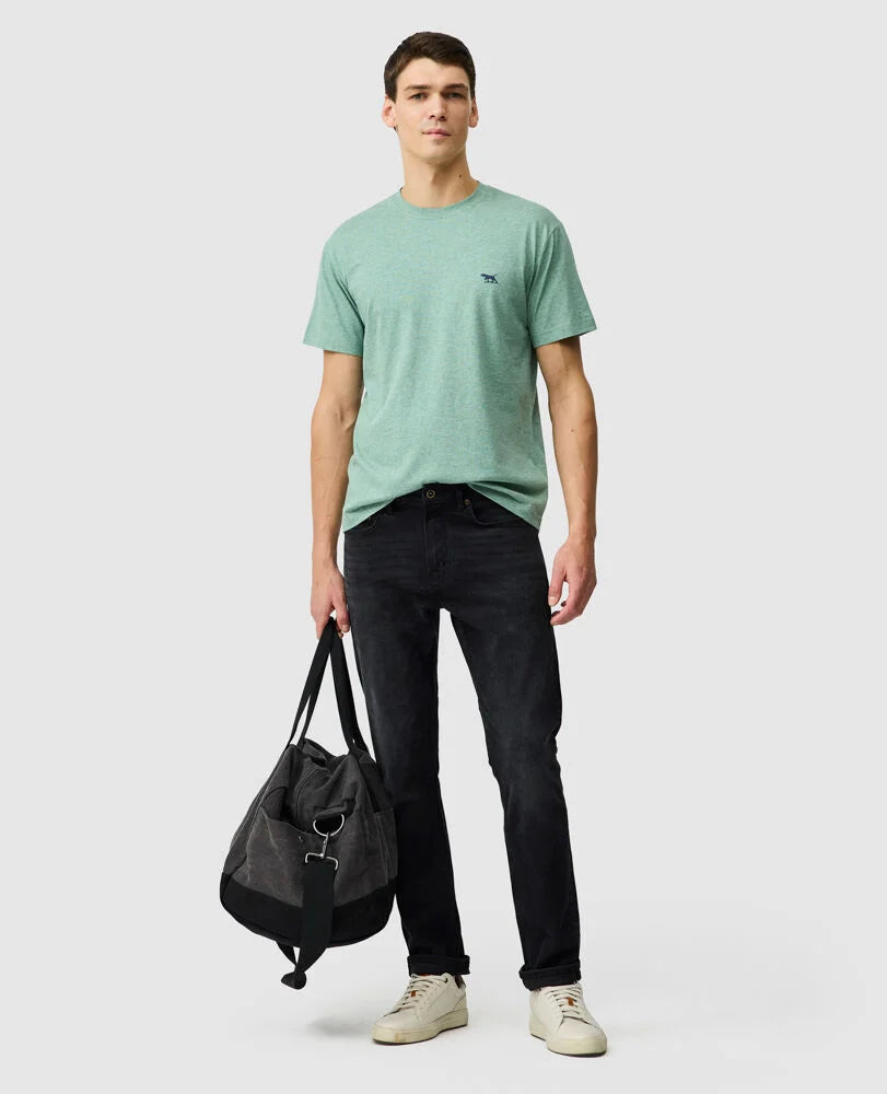 Rodd & Gunn - The Gunn T-Shirt 2.0 - Dusty Sage - MULTIBUY worn by a model with a bag.