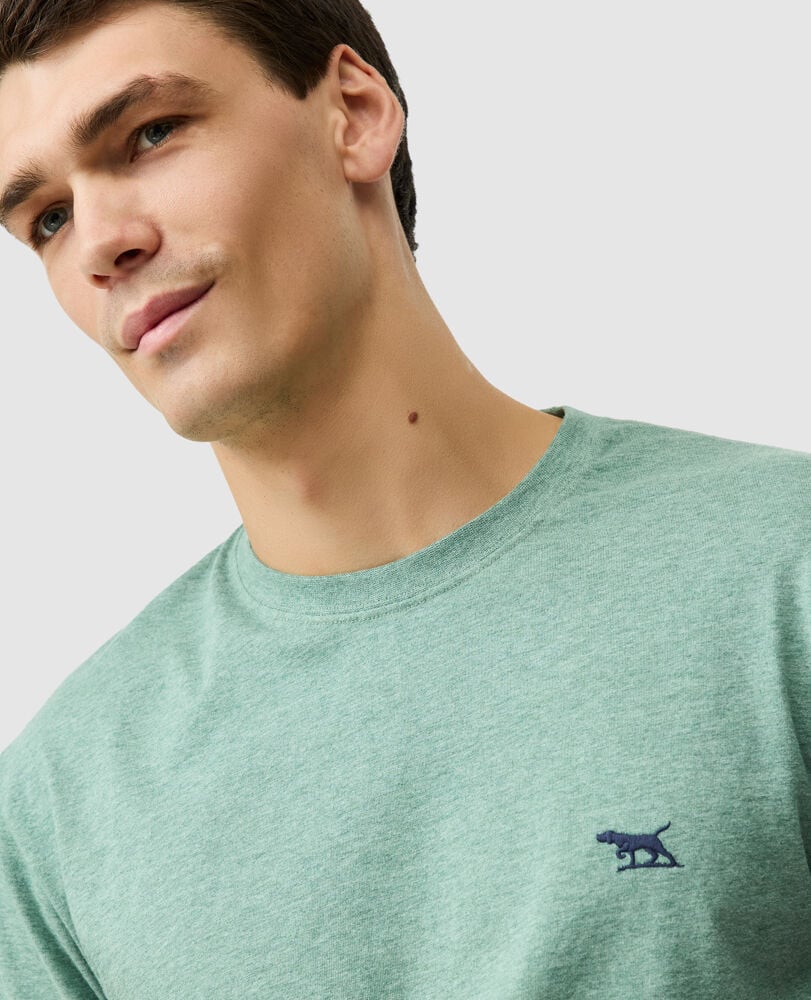 Rodd & Gunn - The Gunn T-Shirt 2.0 - Dusty Sage - MULTIBUY worn by model, showcasing iconic pointer embroidery.