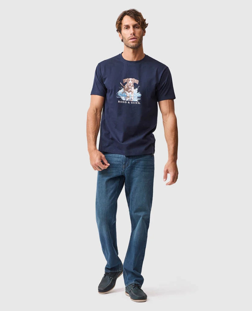 Rodd & Gunn - Gunner Track T-Shirt - Midnight worn by a model featuring a chest print and slim sport-fit design.