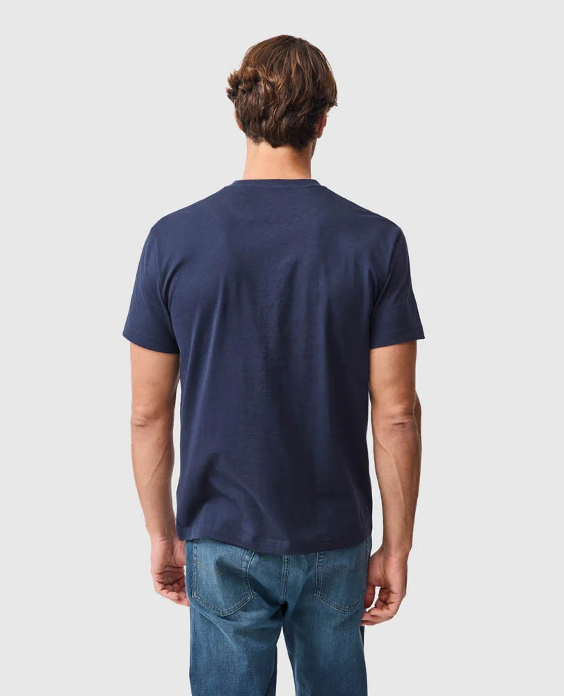 Back view of a man wearing the Rodd & Gunn - Gunner Track T-Shirt - Midnight with a modern slim fit.