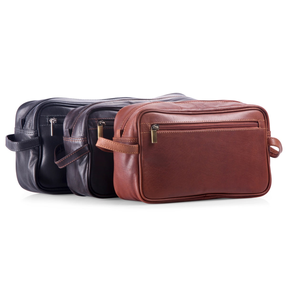 Oran Leather - Hackleberry Washbag - Brown | Brandy | Black - three leather travel washbags in brown, navy, and black.