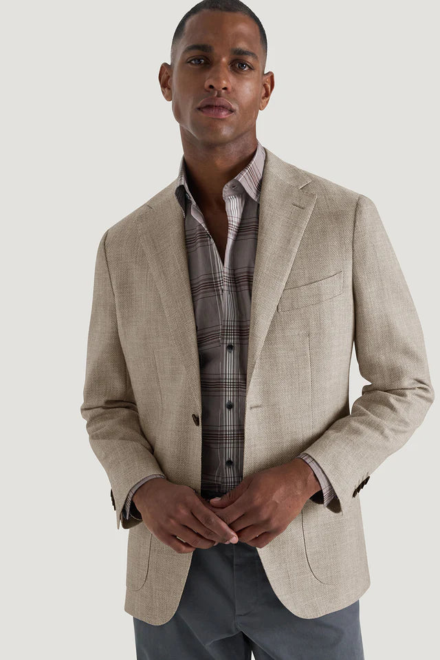 M.J.Bale - Hailwood Jacket - Light Brown worn by model, showcasing luxurious texture and sophistication.