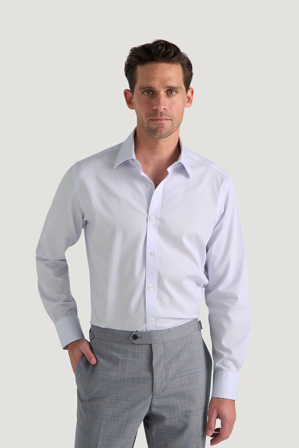 M.J. Bale - Hewitt Shirt - Dobby Weave - Lilac - MULTIBUY worn by a model, showcasing its tailored design and premium fabric.