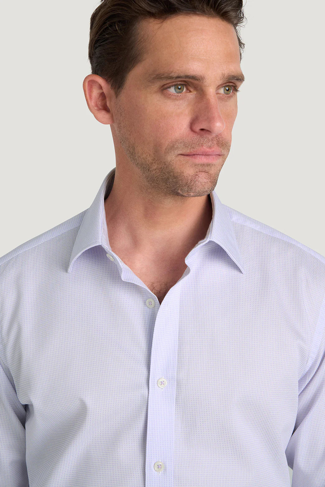 M.J. Bale - Hewitt Shirt - Dobby Weave - Lilac - MULTIBUY, showcasing a man wearing the tailored cotton shirt.