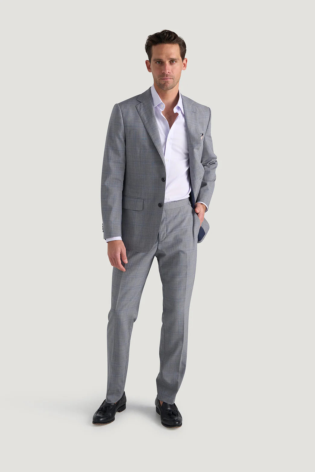 M.J. Bale - Hewitt Shirt - Dobby Weave - Lilac - MULTIBUY model wears a stylish suit with the shirt contrasting elegantly.