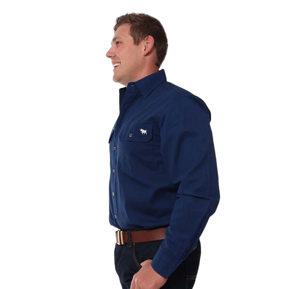 Ringers Western - King River Work Shirt - Navy displayed on a model showcasing its style and fit.