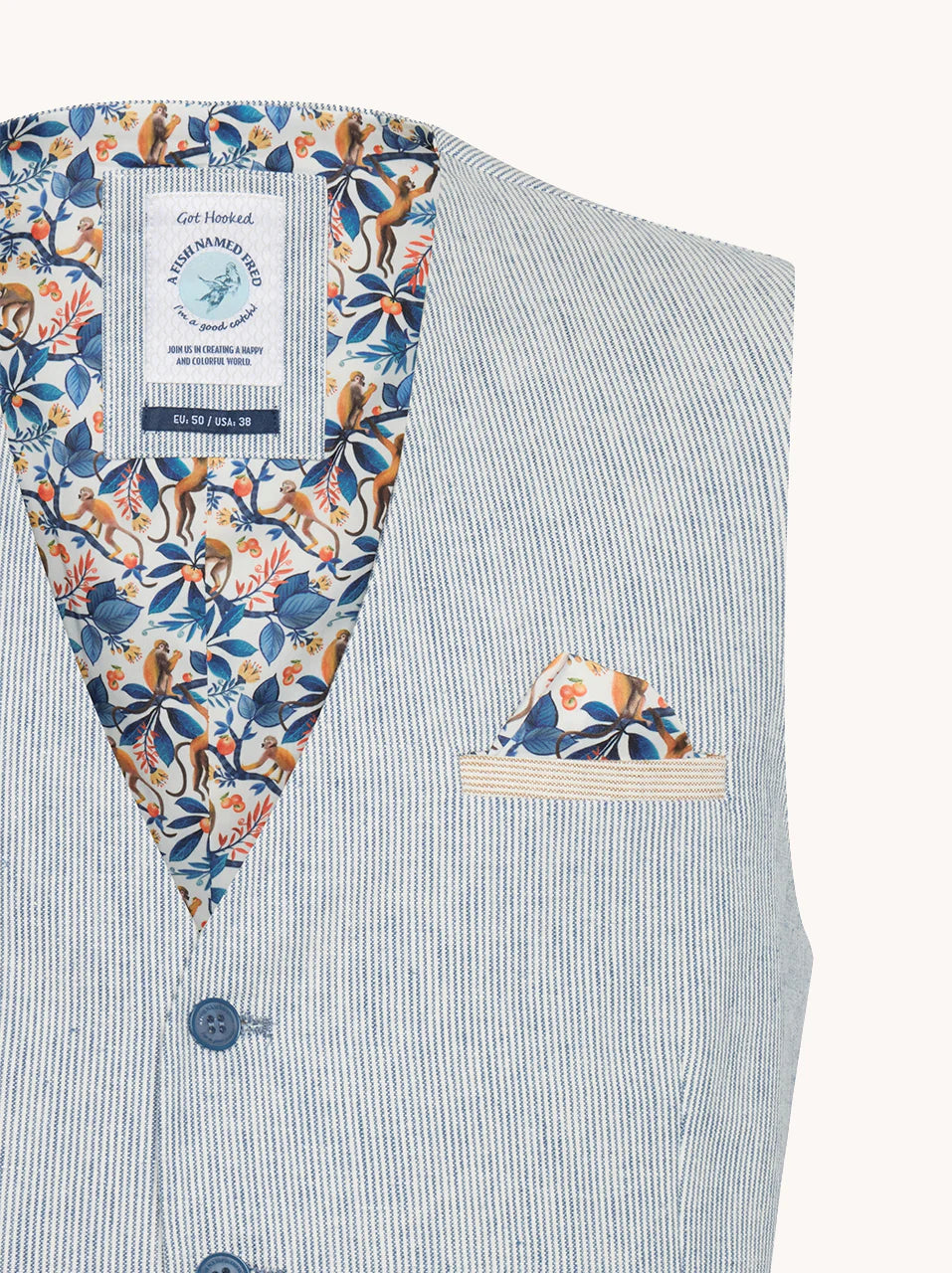 A Fish Named Fred - Linen Waistcoat - Stripe - Blue & White with patterned lining and pocket square detail.