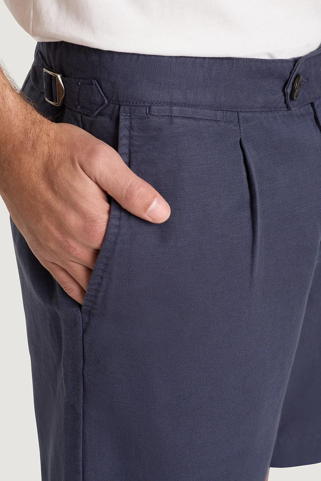 M.J. Bale - Menorca Side Tab Short- Denim close-up showing side tab feature and pocket detail.