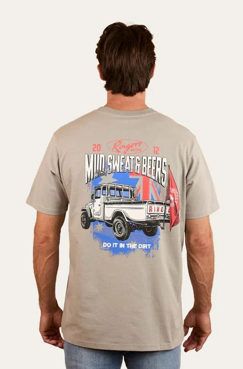 Ringers Western - Mud Sweat Beers Loose Fit T-Shirt - Cement featuring a classic ute design on the back.