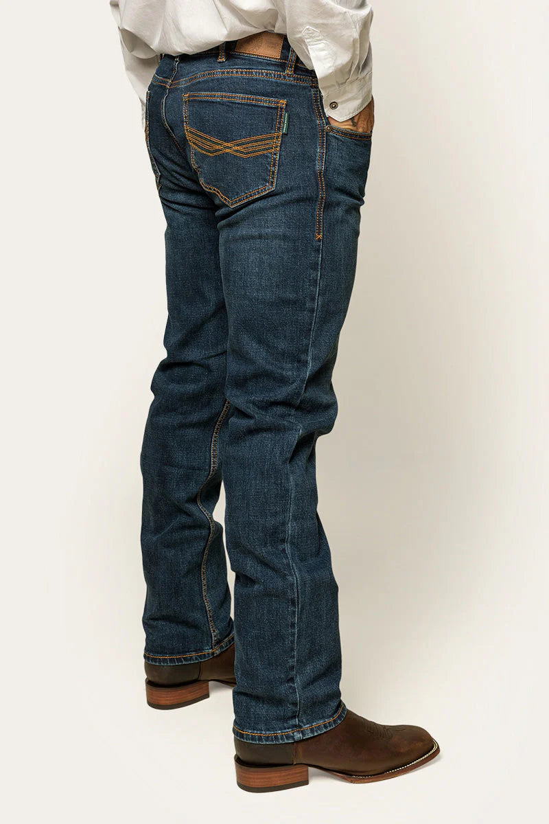 Ringers Western - Muster Slim Straight Fit Jeans- Dark Wash Blue, showcasing a back view of men's denim jeans.