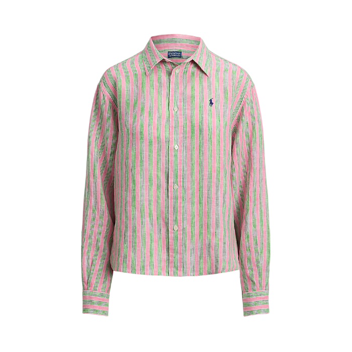 Polo Ralph Lauren - Cropped Boxed Fit Linen Striped Shirt - Berry Green Multi
