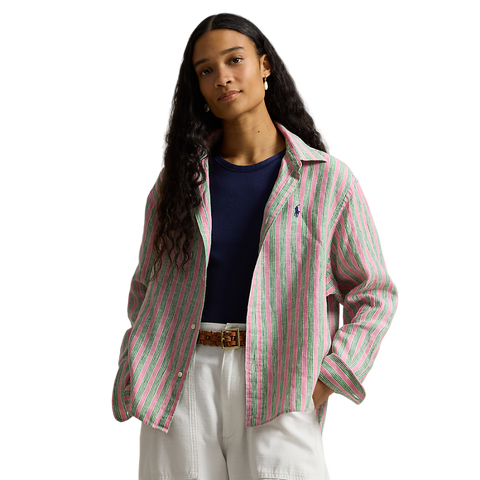Polo Ralph Lauren - Cropped Boxed Fit Linen Striped Shirt - Berry Green Multi