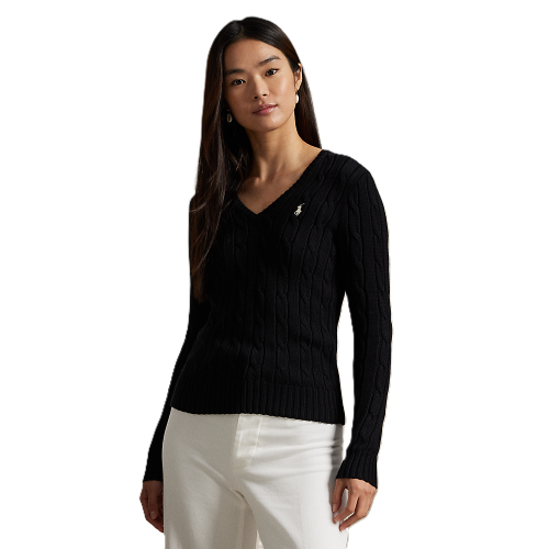 Polo Ralph Lauren - Cable Knit Cotton V Neck Sweater - Black