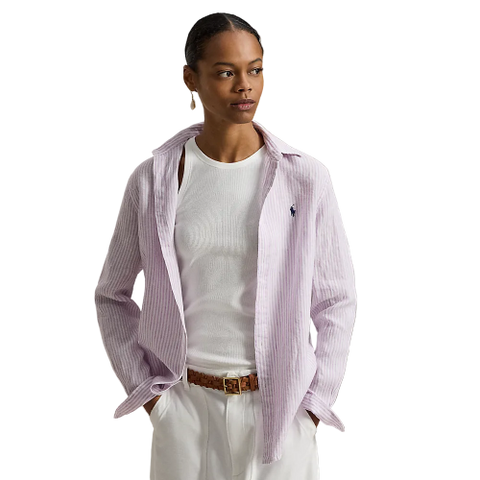 Polo Ralph Lauren - Classic Fit Linen Striped Shirt - Light Mauve and White