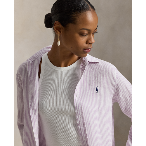 Polo Ralph Lauren - Classic Fit Linen Striped Shirt - Light Mauve and White