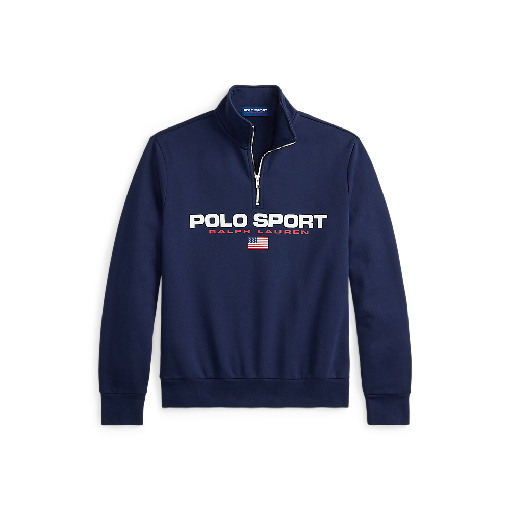 A navy blue Polo Sport quarter-zip sweatshirt with a white and red chest logo and a small American flag graphic, displayed on a clean white background.