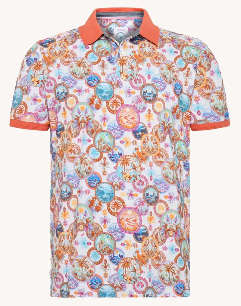 A Fish Named Fred - Desert World Polo - Orange featuring a vibrant desert landscape print and contrast collar.