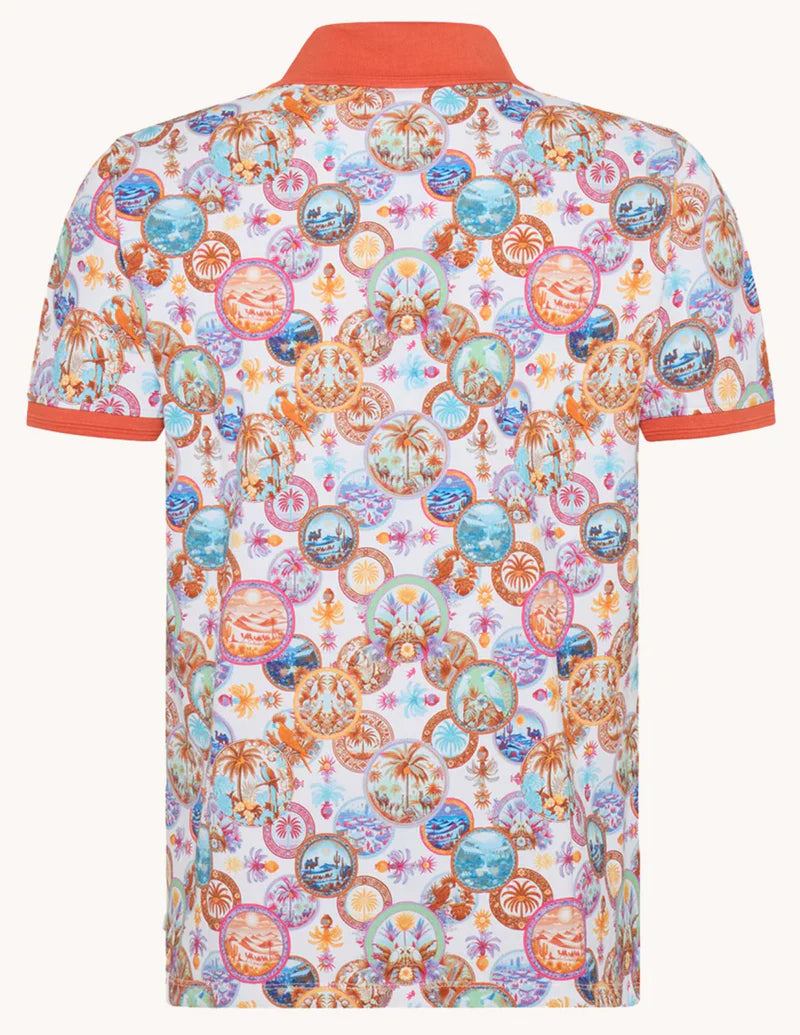 A Fish Named Fred - Desert World Polo - Orange featuring a vibrant desert landscape print and contrast collar.