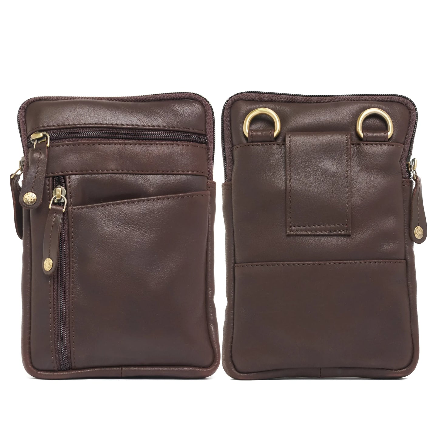 Oran Leather - Felix Crossbody Bag - Brown showcasing front and back view with multiple compartments and durable design.