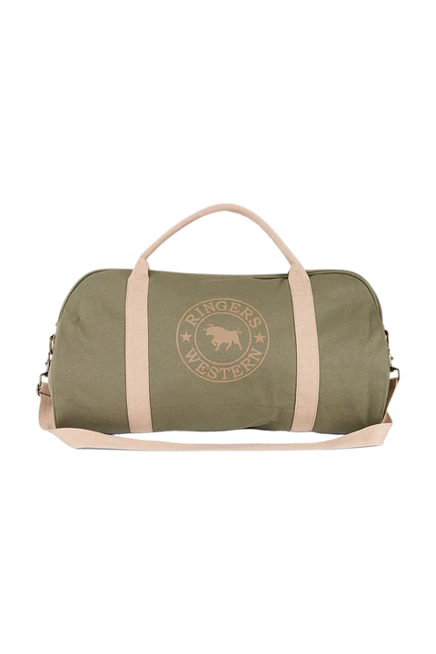 An olive green duffel bag with light pink handles and strap, featuring a circular 'Rangers Western' logo on the front, set against a plain off-white background.