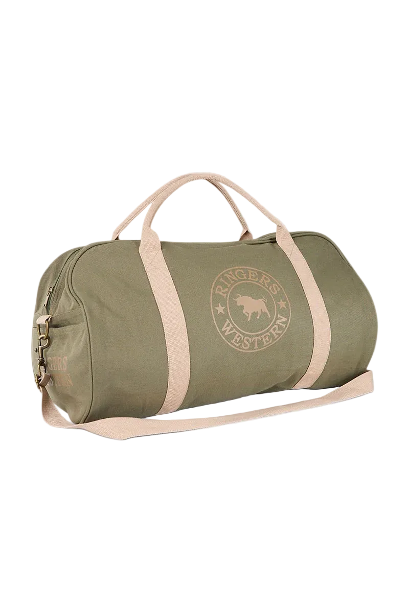 An olive green duffel bag with light beige handles, straps, and a circular 'Rangers Western' logo on the front, set against a plain off-white background.